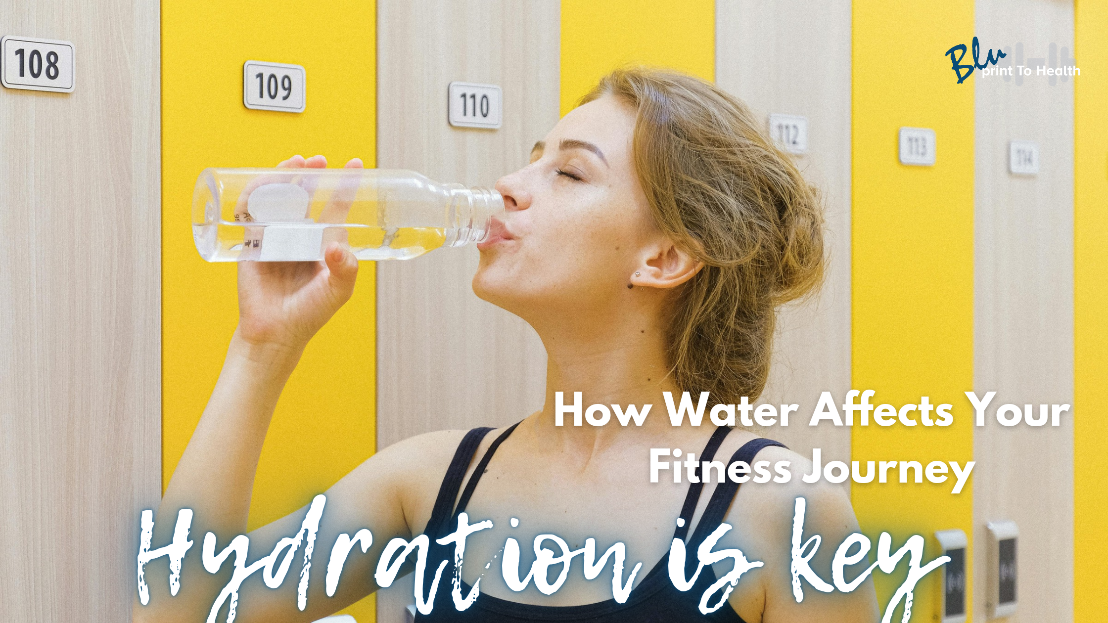 Blog header showing a woman in a gym's locker room drinking water out of a bottle
